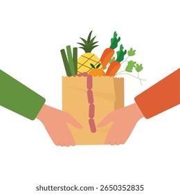 Customer hand receiving parcel paper bag with full of groceries Food from delivery man. Food home delivery concept. Vector illustration