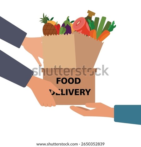 Customer hand receiving parcel paper bag with full of groceries Food from delivery man. Food home delivery concept. Vector illustration