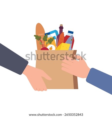Customer hand receiving parcel paper bag with full of groceries Food from delivery man. Food home delivery concept. Vector illustration