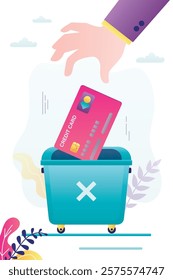 Customer hand throws a credit card into the trash can. Get rid from loans addiction. Freedom from loans and debts. Stop spending money. flat vector illustration