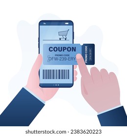 Der Kunde hält ein Mobiltelefon mit Coupon für Coupon für Coupon. Verkauf, Rabatt. Einkaufen, kaufen. Werbekampagne, Marketing oder Einzelhandelskonzept. Flache Vektorgrafik