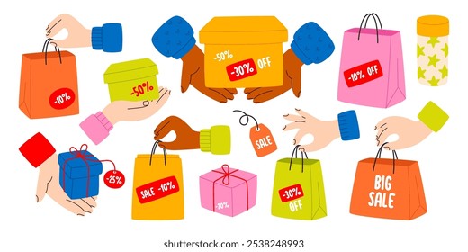 Manos del Cliente que sostienen bolsos de compras, paquetes del regalo, cajas de cartón de la prima con el sistema comercial especial al por menor del descuento de la venta. Tienda campaña de promoción Elementos de diseño Ilustración vectorial