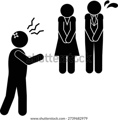 Customer harassment: Pictograms of an angry customer and an apologizing male and female staff member