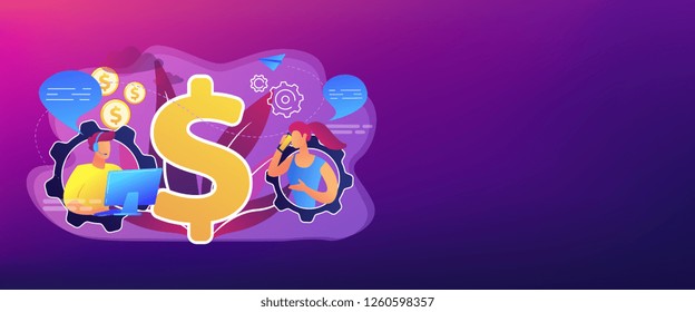 El cliente tiene una conversación en smartphone con su asistente en tiempo real. Ventas de conversación, marketing conversacional, concepto de venta de chatbot en tiempo real. Plantilla de banner de encabezado o pie de página con espacio de copia.