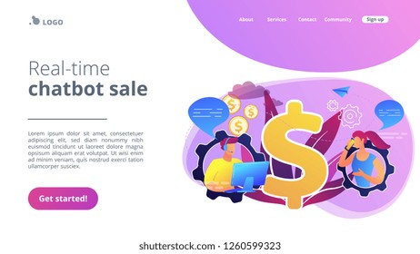 Customer has conversation on smartphone with assistant in real-time. Conversational sales, conversational marketing, real-time chatbot sale concept. Website vibrant violet landing web page template.