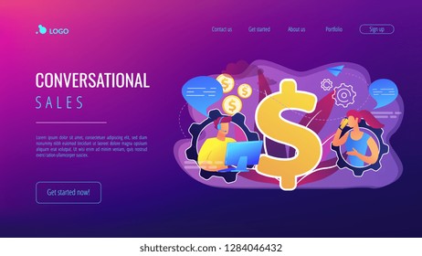 Customer has conversation on smartphone with assistant in real-time. Conversational sales, conversational marketing, real-time chatbot sale concept. Website vibrant violet landing web page template.