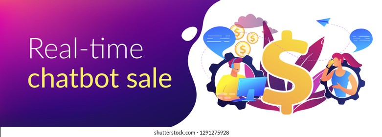 Customer has conversation on smartphone with assistant in real-time. Conversational sales, conversational marketing, real-time chatbot sale concept. Header or footer banner template with copy space.