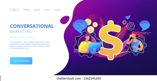 Customer Has Conversation On Smartphone With Assistant In Real-time. Conversational Sales, Conversational Marketing, Real-time Chatbot Sale Concept. Website Vibrant Violet Landing Web Page Template.