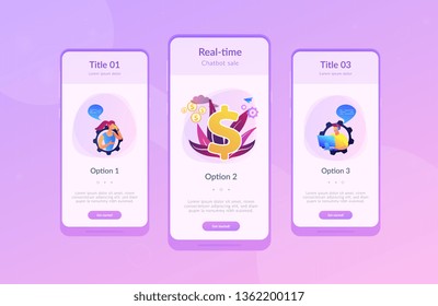 El cliente tiene una conversación en smartphone con su asistente en tiempo real. Ventas de conversación, marketing conversacional, concepto de venta de chatbot en tiempo real. Plantilla de interfaz de usuario de usuario de Mobile UX GUI, wireframe de interfaz de aplicación