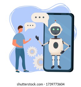 Customer having Dialog with Chat Bot on Smartphone. Man Character Chatting with Robot. Artificial Intelligence and AI Chatbot in Marketing Concept. Flat stock Vector Illustration.