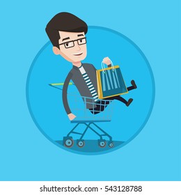 Customer having fun while riding by shopping trolley. Cheerful caucasian man with shopping bags sitting in shopping trolley. Vector flat design illustration in the circle isolated on background.