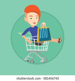 Customer having fun while riding by shopping trolley. Caucasian woman with a lot of shopping bags sitting in shopping trolley. Vector flat design illustration in the circle isolated on background.