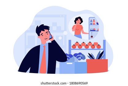 Customer Having Phone Call In Grocery Store. Man Consulting His Wife While Buying Food In Supermarket, Asking Her To Check Fridge. Vector Illustration For Food Shopping Or Communication Concept