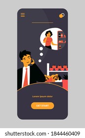 Customer Having Phone Call In Grocery Store. Man Consulting His Wife While Buying Food In Supermarket, Asking Her To Check Fridge. Vector Illustration For Food Shopping Or Communication Concept