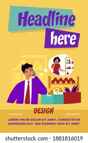 Customer Having Phone Call In Grocery Store. Man Consulting His Wife While Buying Food In Supermarket, Asking Her To Check Fridge. Vector Illustration For Food Shopping Or Communication Concept