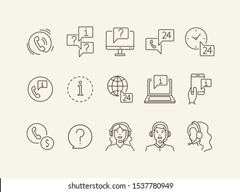 Customer help line icon set. Information and question marks, call center employees, mobile phone. Online support concept. Can be used for topics like help, service, contact center