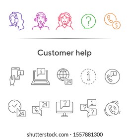 Customer help line icon set. Information and question marks, call center employees, mobile phone. Online support concept. Can be used for topics like help, service, contact center