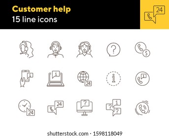 Customer help line icon set. Information and question marks, call center employees, mobile phone. Online support concept. Can be used for topics like help, service, contact center