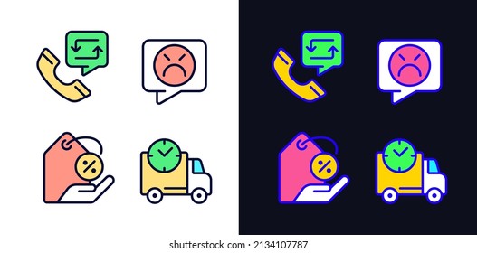 Customer help pixel perfect light and dark theme color icons set. Electronic commerce. Customer negative review. Simple filled line drawings. Bright cliparts on white and black. Editable stroke