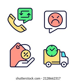 Customer help pixel perfect RGB color icons set. Electronic commerce service. Customer negative review. Isolated vector illustrations. Simple filled line drawings collection. Editable stroke
