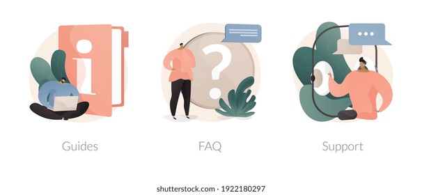 Customer help service abstract concept vector illustration set. Guides, FAQ and website support team, chatbot client problem solving, hotline call, online assistant, user experience abstract metaphor.