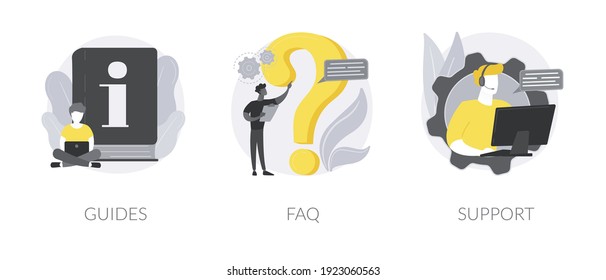 Customer help service abstract concept vector illustration set. Guides, FAQ and website support team, chatbot client problem solving, hotline call, online assistant, user experience abstract metaphor.