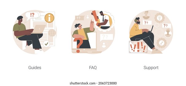 Conjunto de ilustraciones vectoriales de concepto abstracto del servicio de ayuda al cliente. Guías, preguntas frecuentes y equipo de asistencia a sitios web, solución de problemas de cliente de chatbot, llamadas de línea directa, asistente en línea, metáfora abstracta de experiencia de usuario.