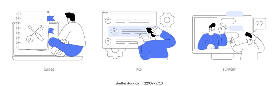 Customer help service abstract concept vector illustration set. Guides, FAQ and website support team, chatbot client problem solving, hotline call, online assistant, user experience abstract metaphor.