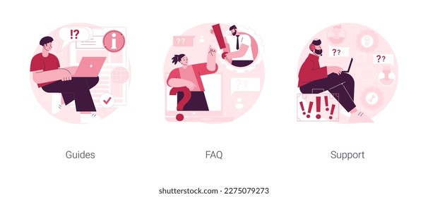 Customer help service abstract concept vector illustration set. Guides, FAQ and website support team, chatbot client problem solving, hotline call, online assistant, user experience abstract metaphor.