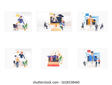 Customer help set. People consulting professional, talking on phone, using video call. Flat vector illustrations. Online support, education concept for banner, website design or landing web page