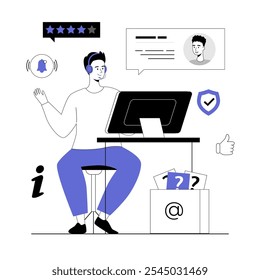 Customer help and support online. Call center. Operator helps client through monitor screen. Vector illustration with line people for web design.	
