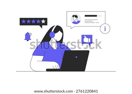 Customer help and support online. Call center. Operator helps client through monitor screen. Alarm feedback info. Flat Cartoon Vector Illustration, icon Stylish abstract design landing page web