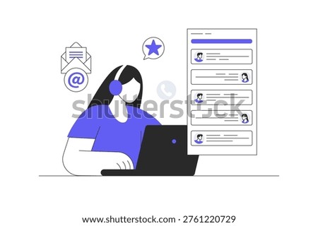 Customer help and support online. Woman operator in headphones is chatting with a client. Flat Cartoon Vector Illustration, icon Stylish abstract design landing page web