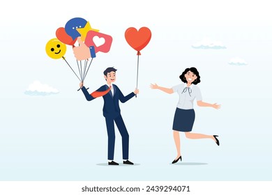 El cliente sostiene globos de retroalimentación que dan corazón, retroalimentación del cliente, opinión o satisfacción del servicio, dando la calificación, opinión o evaluación de la revisión, experiencia del usuario, clasificación o calificación de calidad (Vector)