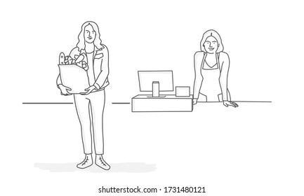 Customer holding paper bag with organic fresh food. Woman cashier in supermarket. Line drawing vector illustration.