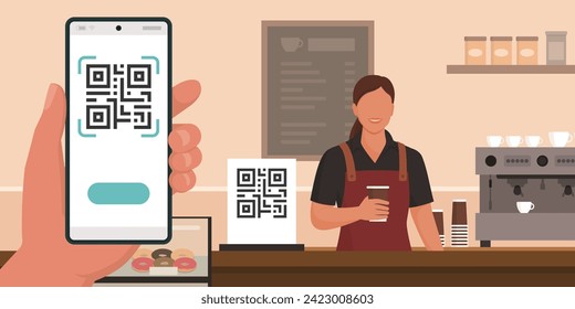 Customer holding a smartphone, scanning and paying with a QR code in a cafe