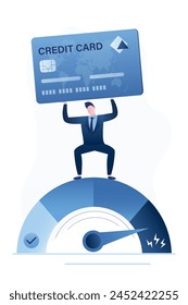 Customer holds plastic card and standing on credit gauge with bad rating. unreliable borrower, bankrupt. Poor credit score for credit cards. Businessman with bad personal financial plan. flat vector