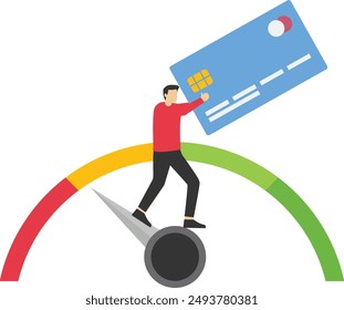 Customer holds plastic card and standing on credit gauge with bad rating. unreliable borrower, bankrupt. Poor credit score for credit cards. Businessman with bad personal financial plan. flat vector

