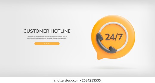 Customer hotline 3d banner. Realistic yellow speech bubble with 24 7 text and old phone receiver. All day working, 24 hours 7 day of week phone support landing concept. Trendy cute vector illustration