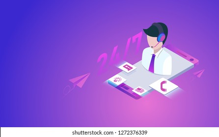 Customer or hotline service concept with smartphone, call center 24h. vector