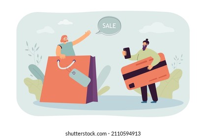 Customer with huge credit card paying for purchase. Shop assistant with big shopping bag flat vector illustration. Shopping, commerce, sale concept for banner, website design or landing page