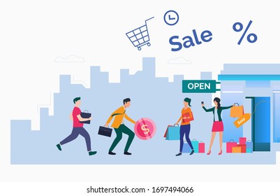 Customer hurrying to last chance sale. Male and female cartoon characters running to opened store. Vector illustration for commercial, promo, seasonal sale