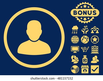 Customer icon with bonus. Vector illustration style is flat iconic symbols, yellow color, blue background.