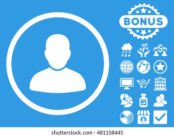 Customer icon with bonus. Vector illustration style is flat iconic symbols, white color, blue background.