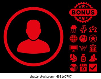 Customer icon with bonus. Vector illustration style is flat iconic symbols, red color, black background.