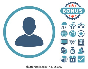 Customer icon with bonus. Vector illustration style is flat iconic bicolor symbols, cyan and blue colors, white background.