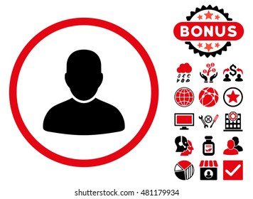 Customer icon with bonus. Vector illustration style is flat iconic bicolor symbols, intensive red and black colors, white background.