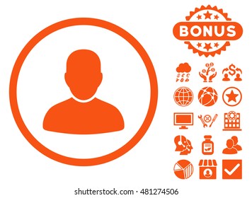 Customer icon with bonus. Vector illustration style is flat iconic symbols, orange color, white background.