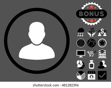 Customer icon with bonus. Vector illustration style is flat iconic bicolor symbols, black and white colors, gray background.