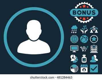 Customer icon with bonus. Vector illustration style is flat iconic bicolor symbols, blue and white colors, dark blue background.